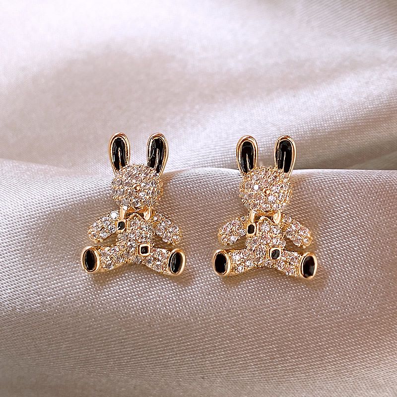 Cute Rabbit Alloy Inlay Rhinestone Stud Earrings with S925 Silver Needle