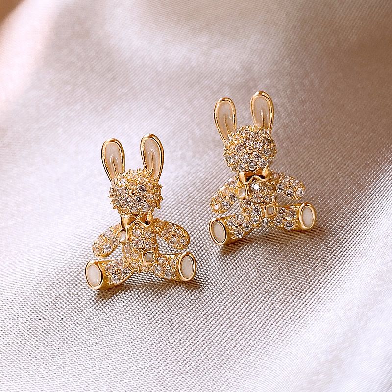 Cute Rabbit Alloy Inlay Rhinestone Stud Earrings with S925 Silver Needle