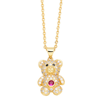 Cute Sweet Little Bear Stainless Steel Copper Plating Inlay Zircon 18K Gold Plated Pendant Necklace Long Necklace