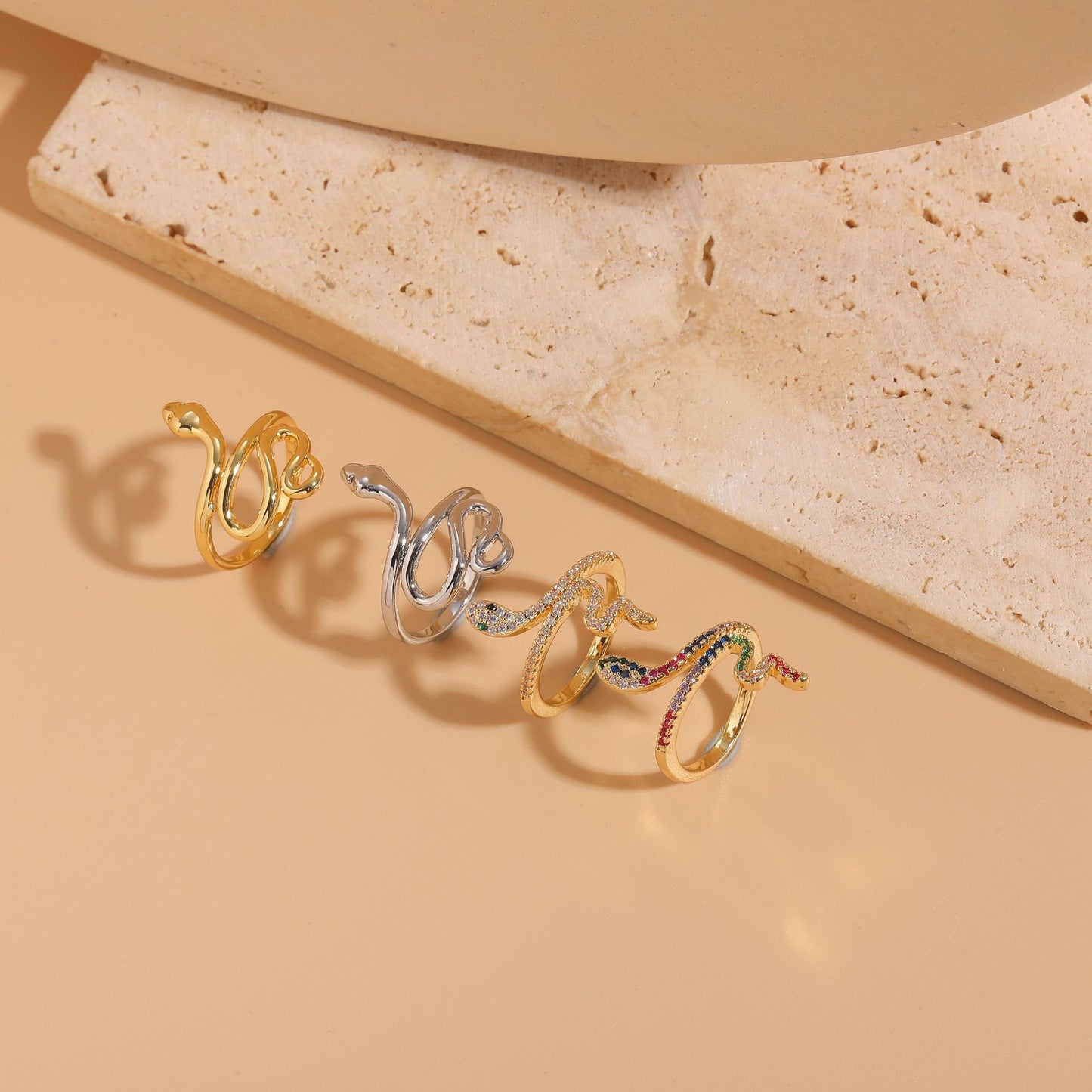 Cute Simple Style Snake Zircon Adjustable Open Ring in 14K Gold and White Gold Plating