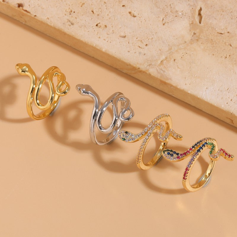 Cute Simple Style Snake Zircon Adjustable Open Ring in 14K Gold and White Gold Plating