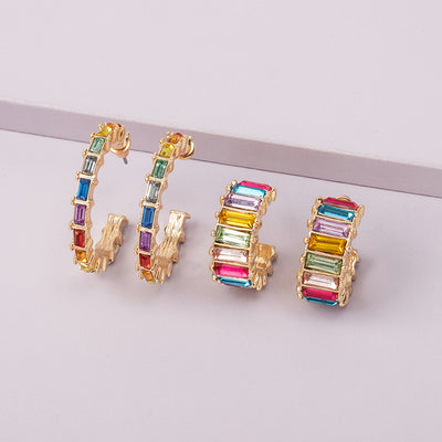 Diamond Rainbow Circle Earrings - Fashionable Short Hoop Design