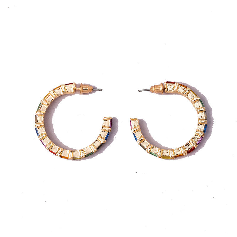 Diamond Rainbow Circle Earrings - Fashionable Short Hoop Design