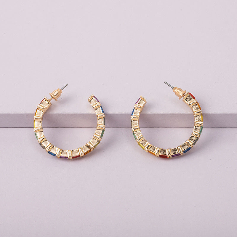 Diamond Rainbow Circle Earrings - Fashionable Short Hoop Design