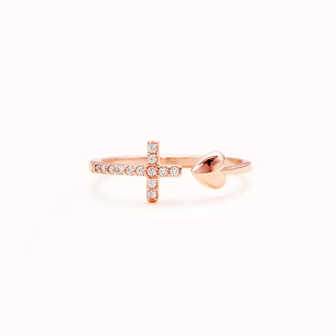 Elegant Geometric Heart Cross Sterling Silver Open Ring