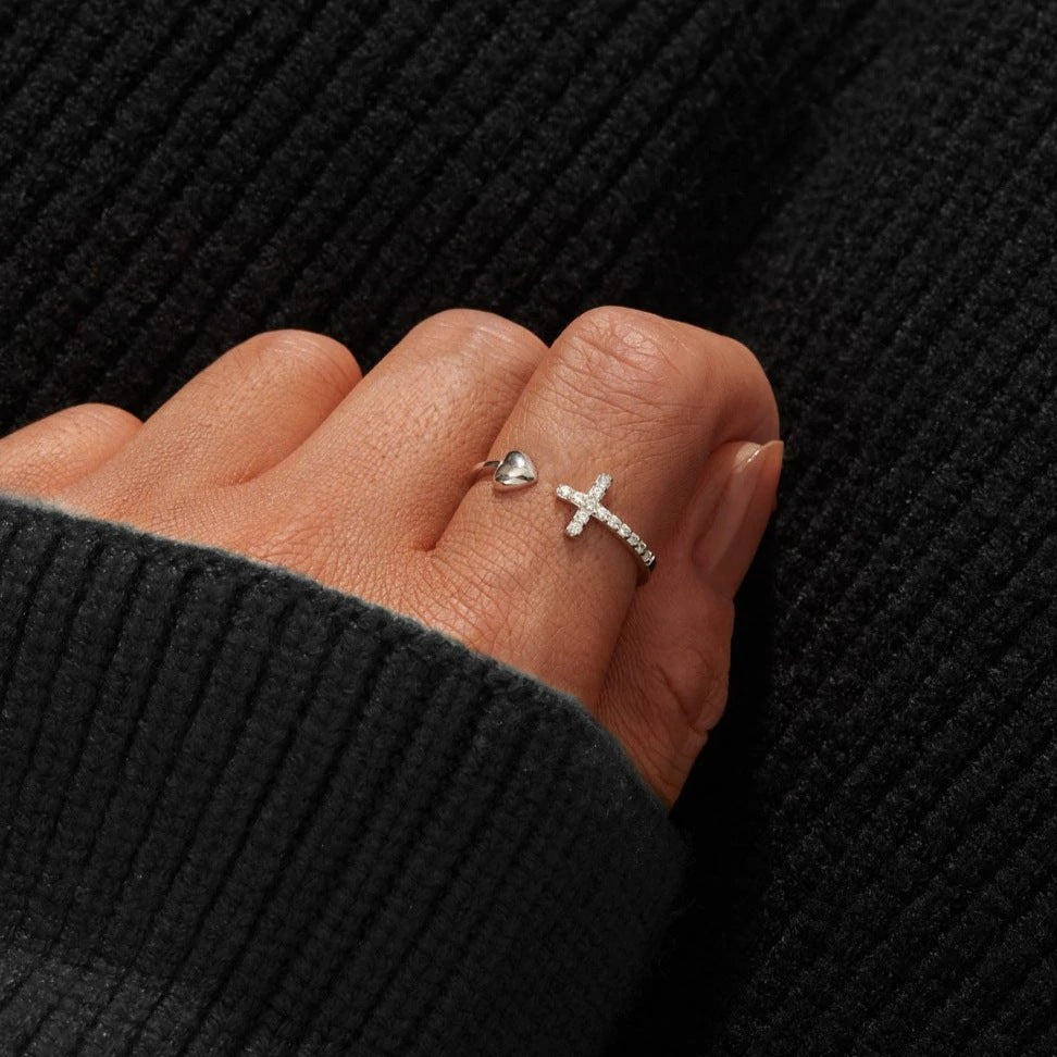 Elegant Geometric Heart Cross Sterling Silver Open Ring