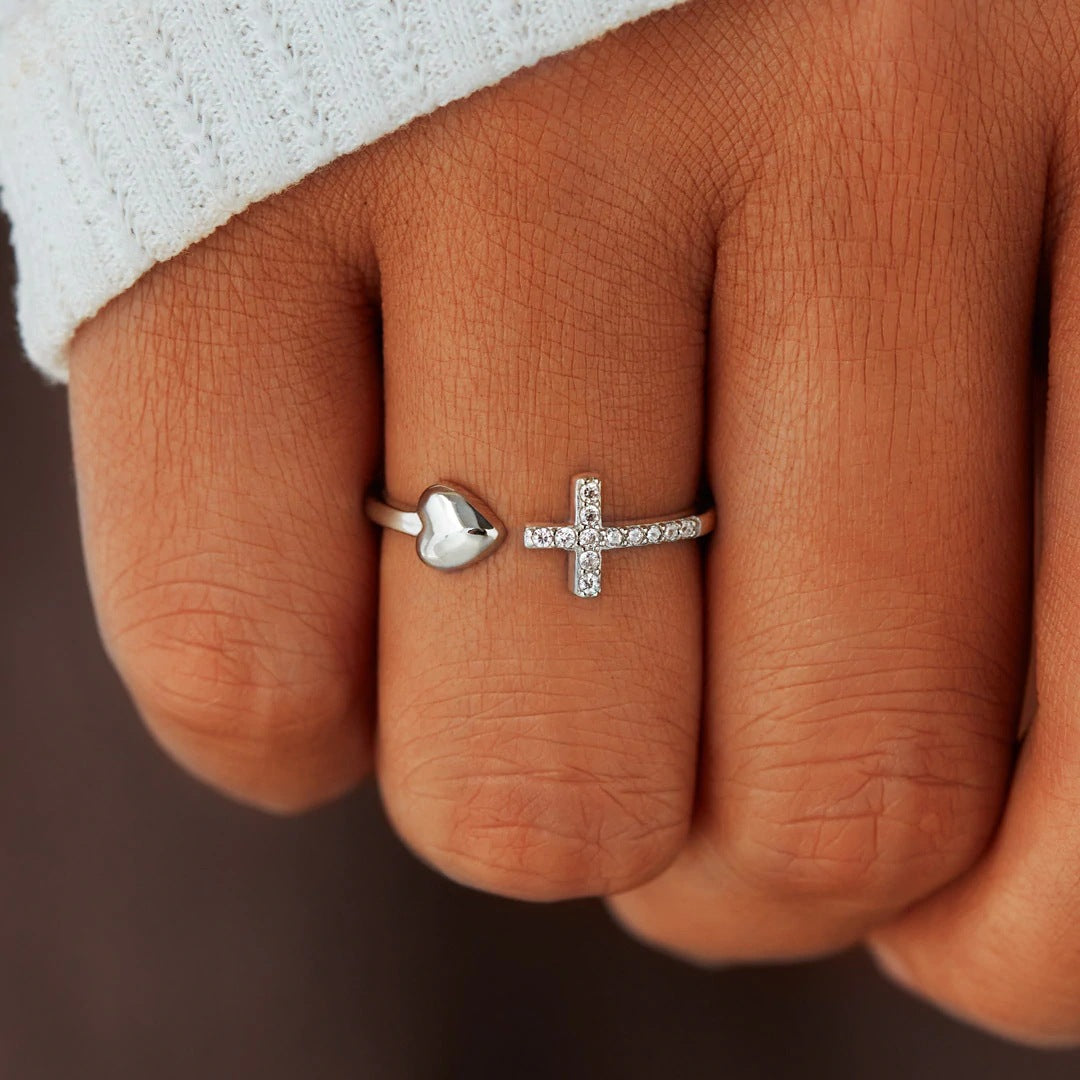 Elegant Geometric Heart Cross Sterling Silver Open Ring