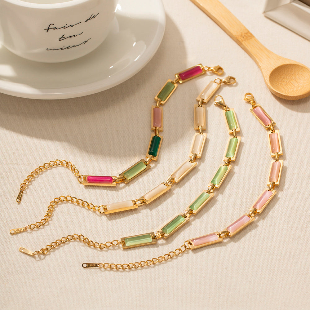 Elegant Colorful Opal Inlay 18K Gold Plated Stainless Steel Bracelet
