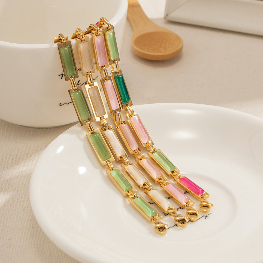 Elegant Colorful Opal Inlay 18K Gold Plated Stainless Steel Bracelet