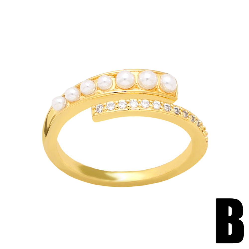 Elegant Geometric Heart Shape Gold Plated Pearl Zircon Open Ring