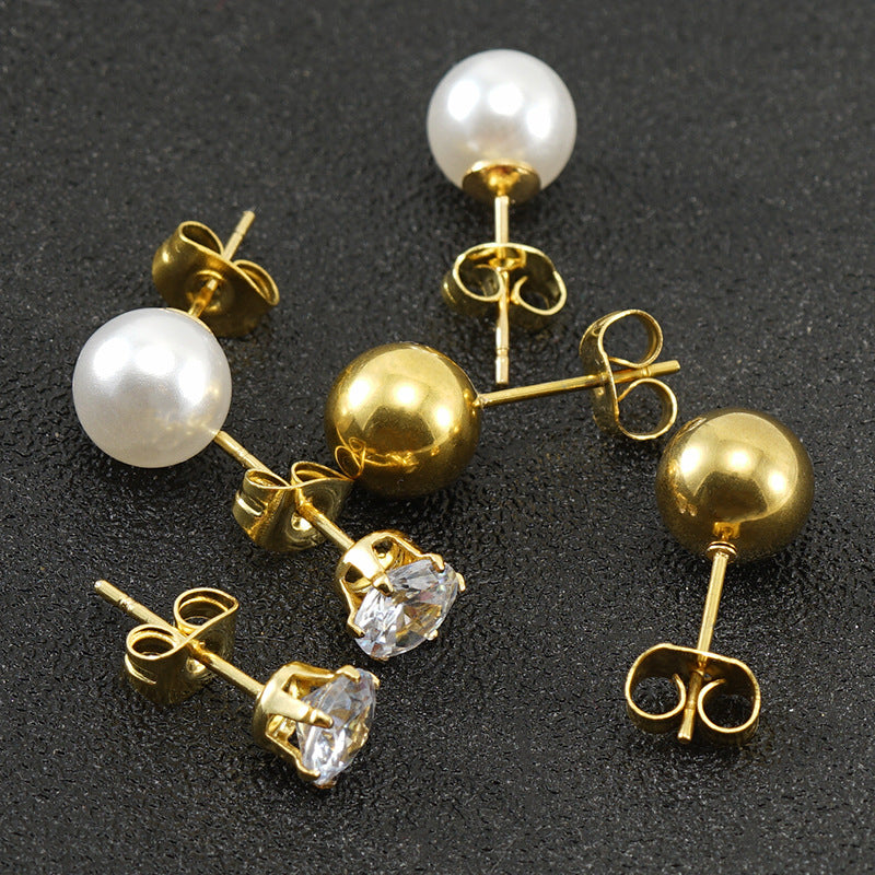 Elegant Geometric Stainless Steel Pearl and Zircon Stud Earrings