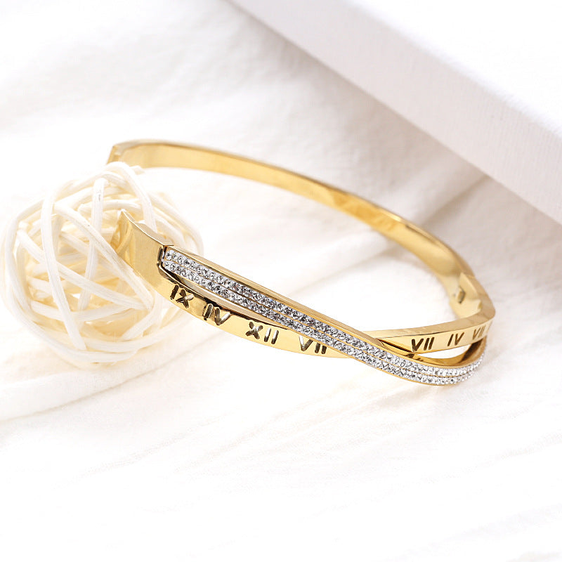 Elegant Geometric Roman Letter Titanium Steel Zircon Bangle Bracelet