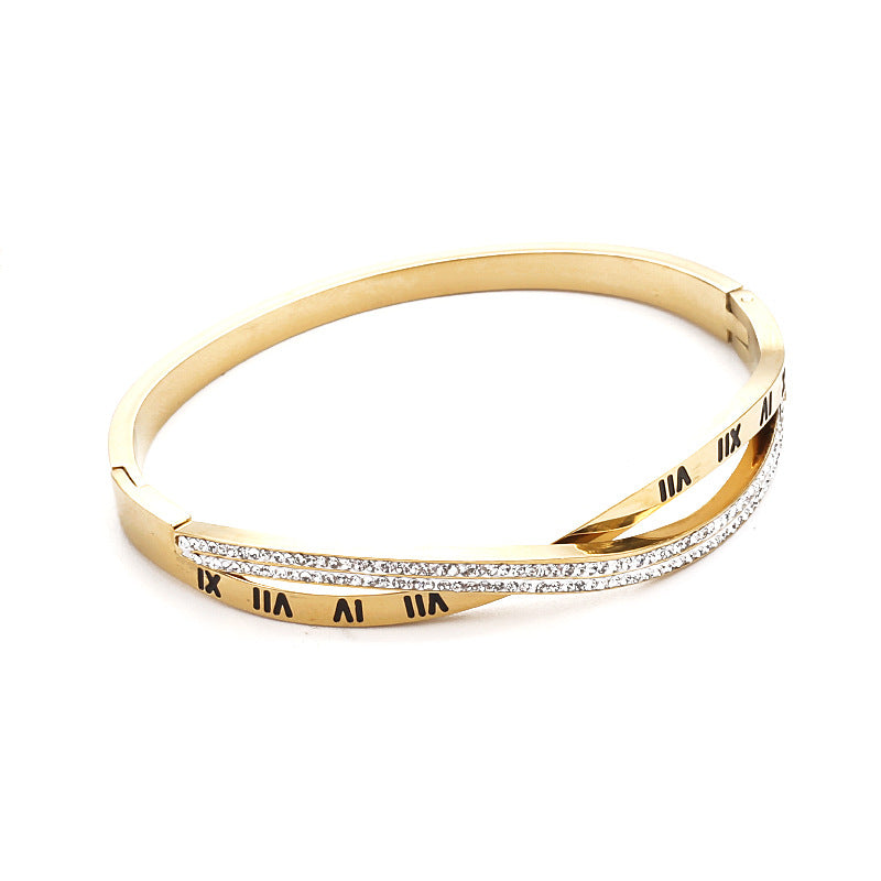 Elegant Geometric Roman Letter Titanium Steel Zircon Bangle Bracelet