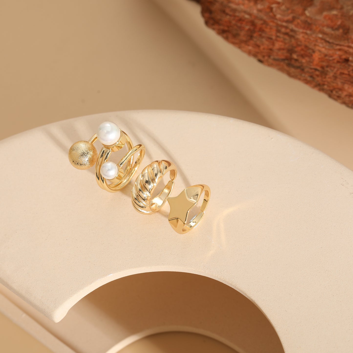 Elegant Geometric Star 14K Gold Plated Open Ring with Artificial Pearls