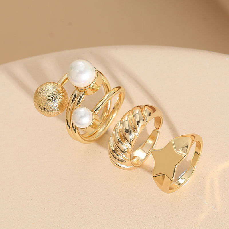 Elegant Geometric Star 14K Gold Plated Open Ring with Artificial Pearls