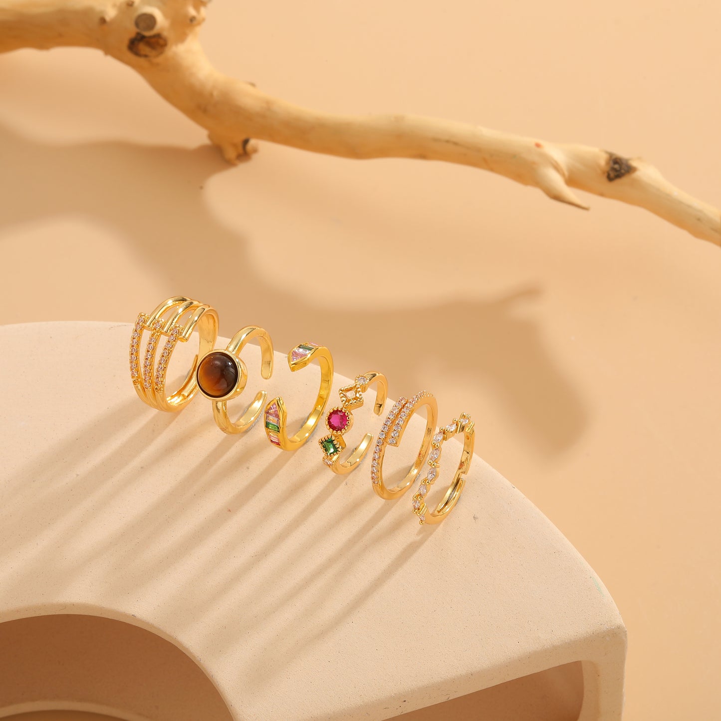 Elegant Geometric Tiger Eye Zircon 14K Gold Plated Copper Ring