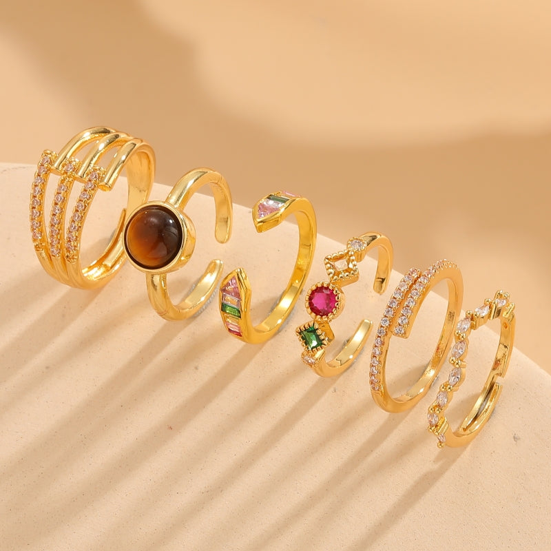 Elegant Geometric Tiger Eye Zircon 14K Gold Plated Copper Ring