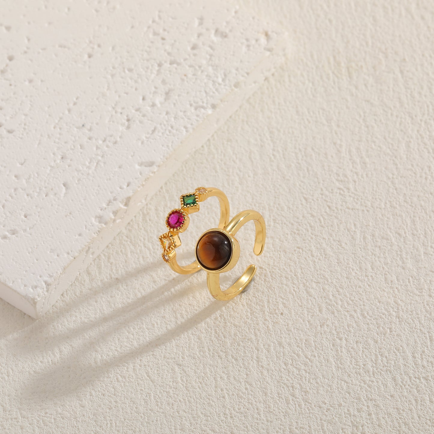 Elegant Geometric Tiger Eye Zircon 14K Gold Plated Copper Ring