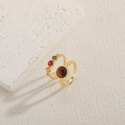 Elegant Geometric Tiger Eye Zircon 14K Gold Plated Copper Ring