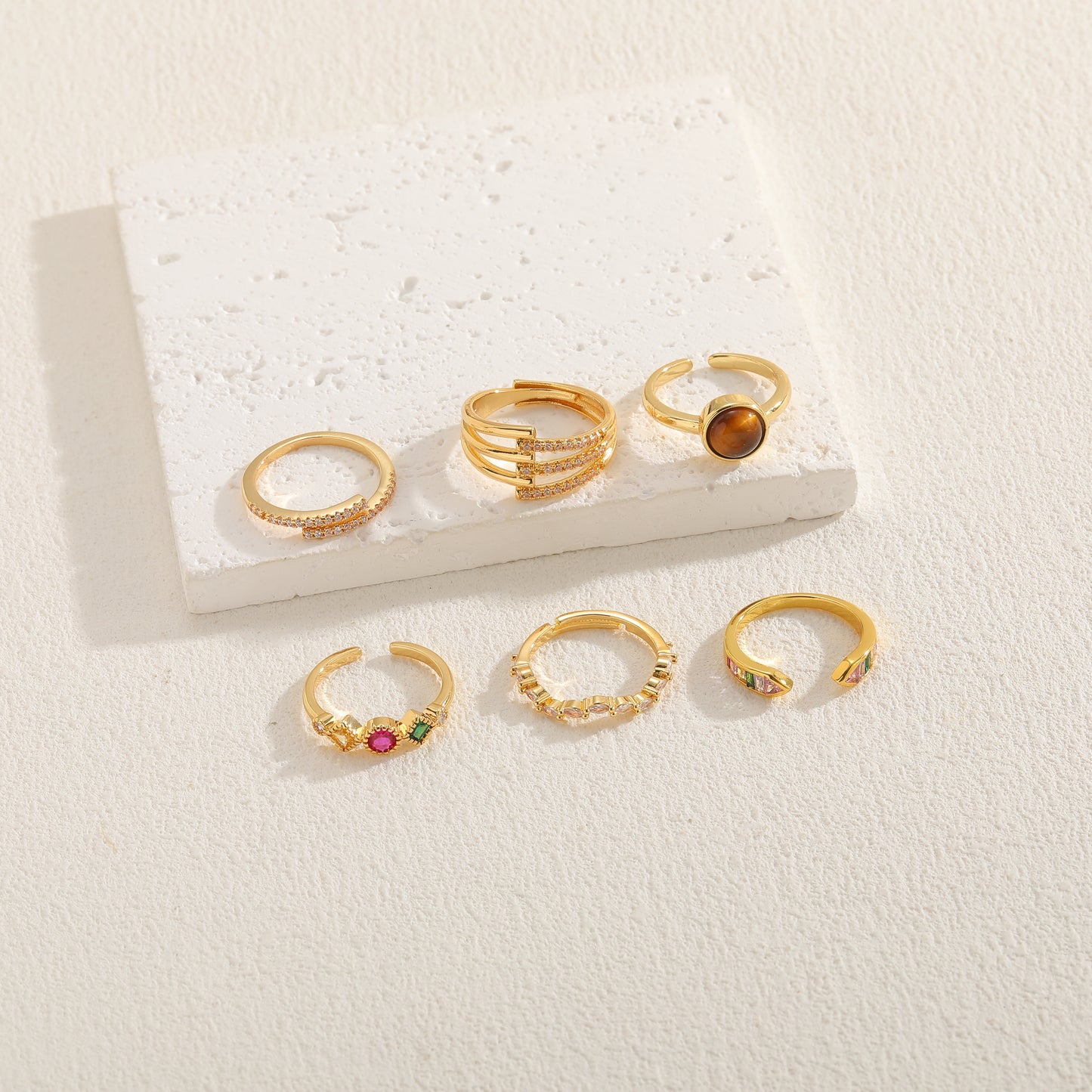Elegant Geometric Tiger Eye Zircon 14K Gold Plated Copper Ring
