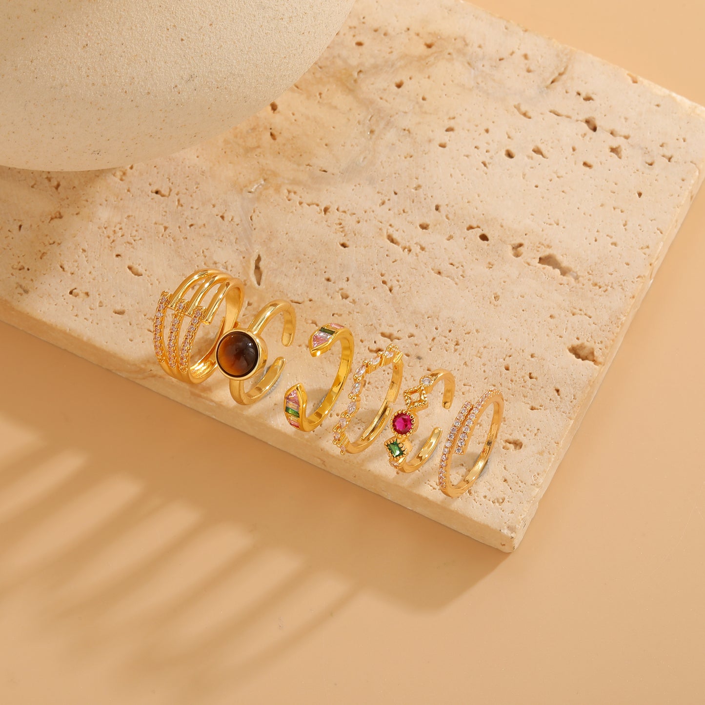 Elegant Geometric Tiger Eye Zircon 14K Gold Plated Copper Ring