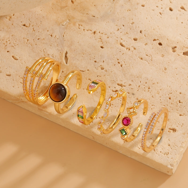Elegant Geometric Tiger Eye Zircon 14K Gold Plated Copper Ring