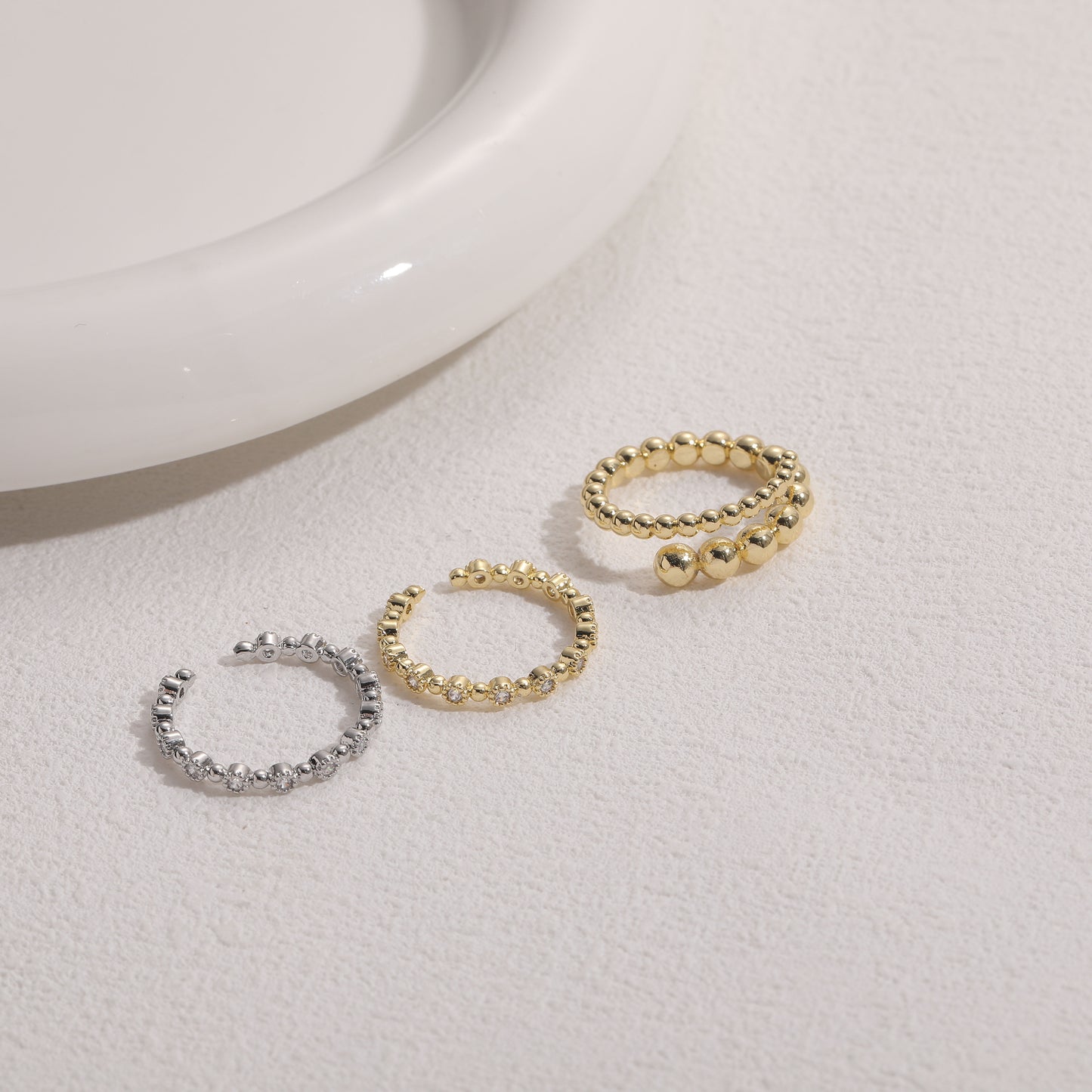 Elegant Minimalist 14K Gold Plated Copper Zircon Beaded Open Ring