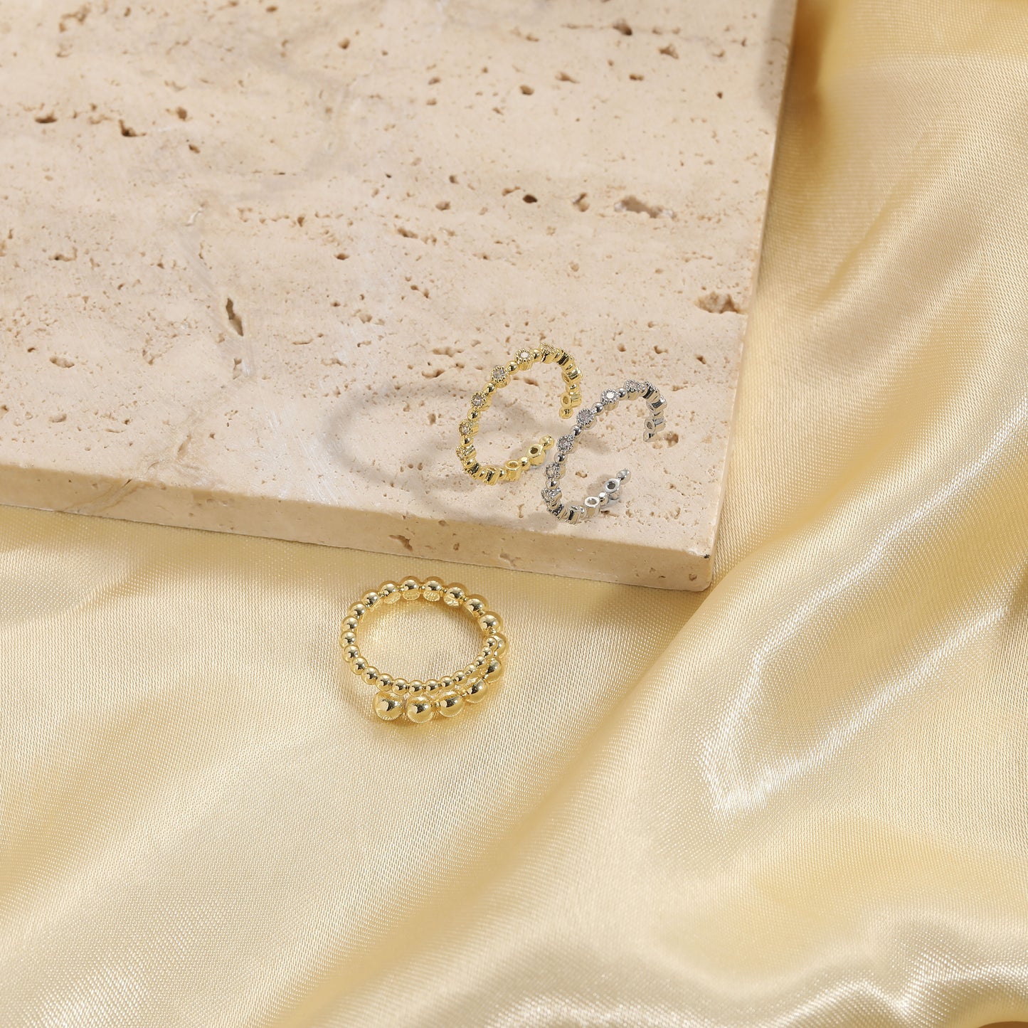 Elegant Minimalist 14K Gold Plated Copper Zircon Beaded Open Ring