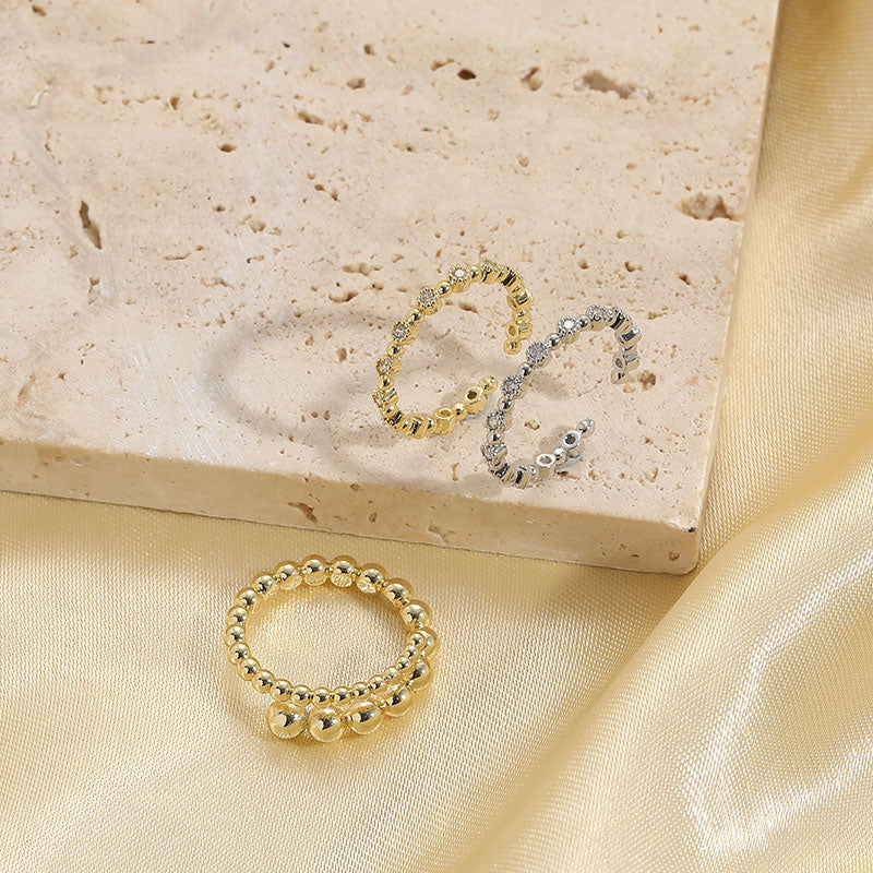 Elegant Minimalist 14K Gold Plated Copper Zircon Beaded Open Ring