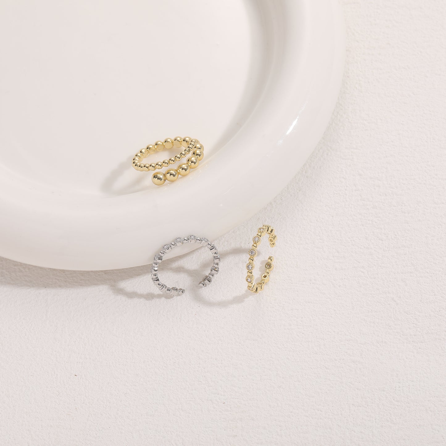 Elegant Minimalist 14K Gold Plated Copper Zircon Beaded Open Ring
