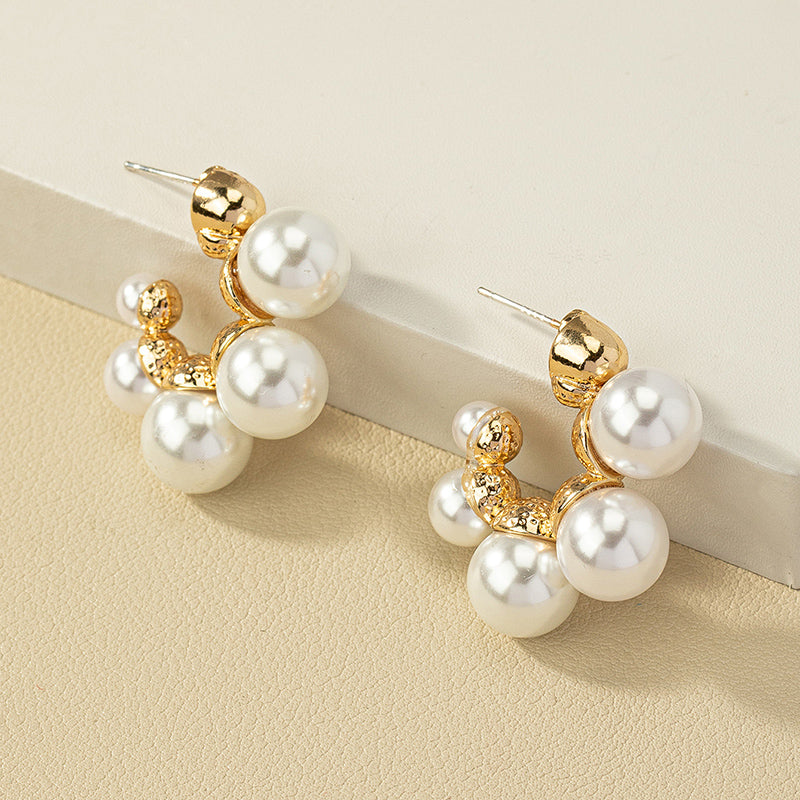 Elegant Geometric Alloy Inlay Pearl Hoop Earrings for Women