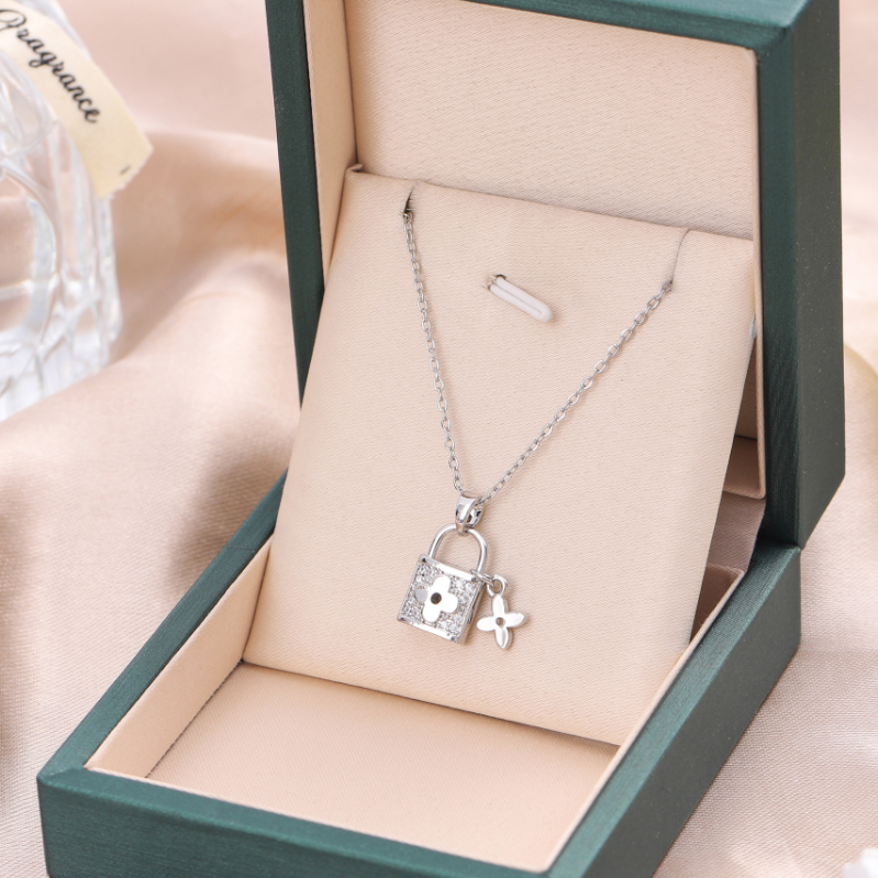 Elegant Stainless Steel Zircon Inlay Padlock Pendant Necklace