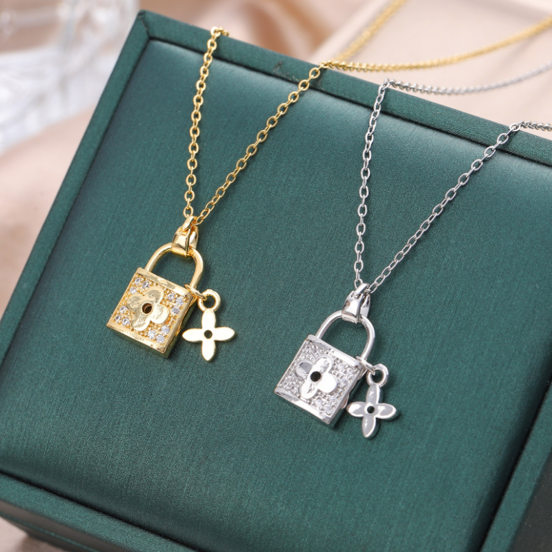 Elegant Stainless Steel Zircon Inlay Padlock Pendant Necklace