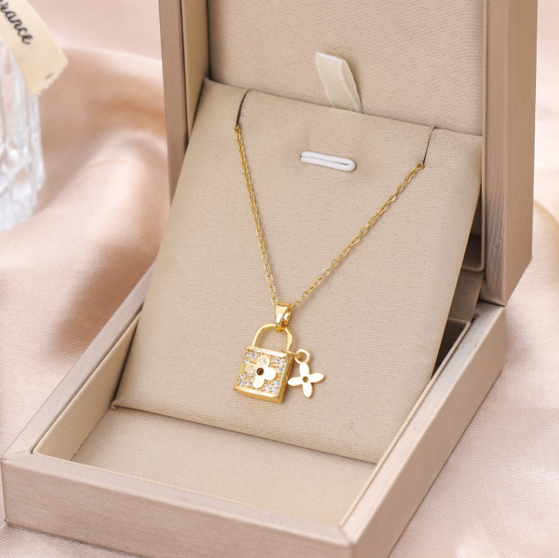 Elegant Stainless Steel Zircon Inlay Padlock Pendant Necklace