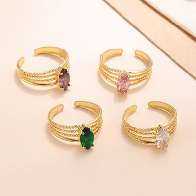 Elegant Oval Zircon Inlay 18K Gold Plated Adjustable Stainless Steel Ring