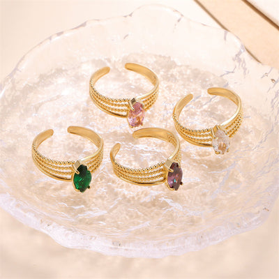 Elegant Oval Zircon Inlay 18K Gold Plated Adjustable Stainless Steel Ring