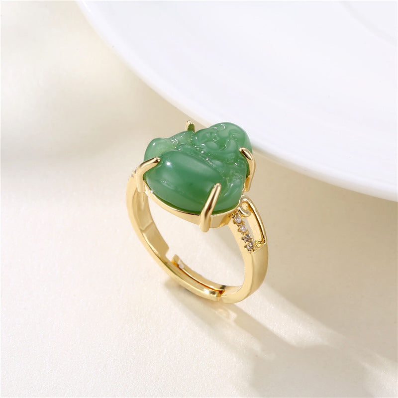 Ethnic Buddha 18K Gold Plated Jade Zircon Adjustable Ring