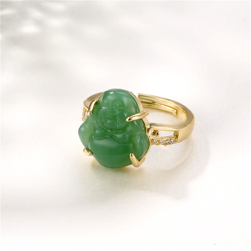 Ethnic Buddha 18K Gold Plated Jade Zircon Adjustable Ring