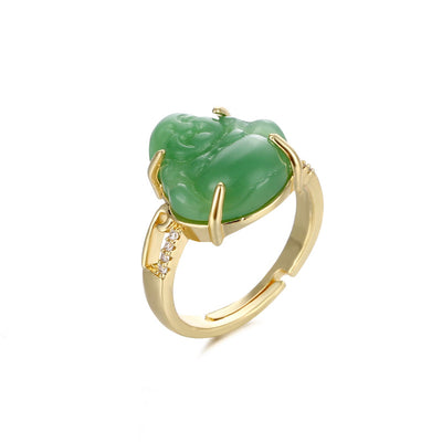 Ethnic Style Buddha Copper Plating Inlay Jade Zircon 18K Gold Plated Rings