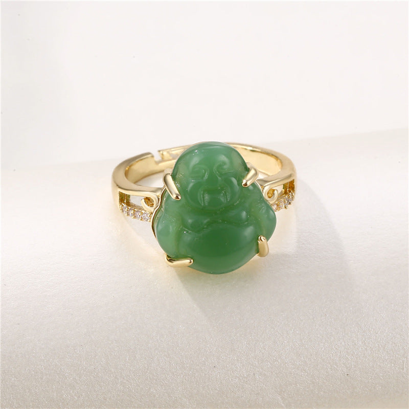 Ethnic Buddha 18K Gold Plated Jade Zircon Adjustable Ring