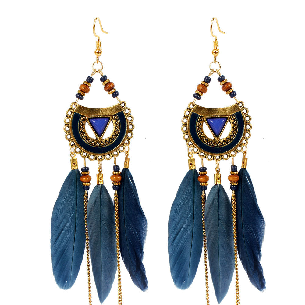 Ethnic Triangle Feather Tassel Earrings for Women - Bohemian Style Long Dangle Jewelry