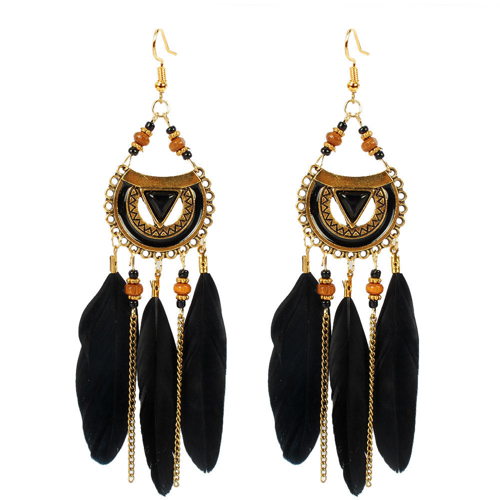 Ethnic Triangle Feather Tassel Earrings for Women - Bohemian Style Long Dangle Jewelry