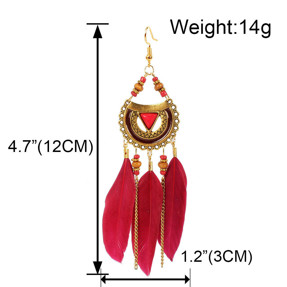 Ethnic Triangle Feather Tassel Earrings for Women - Bohemian Style Long Dangle Jewelry