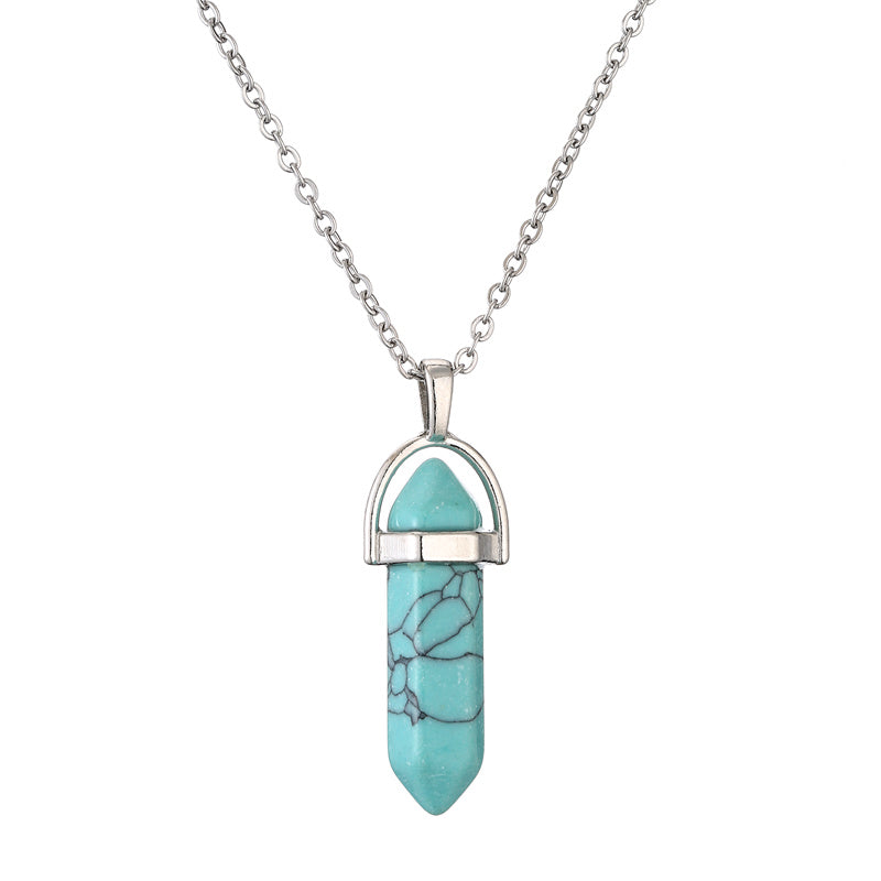 Ethnic Geometric Stainless Steel Natural Stone Crystal Pendant Necklace