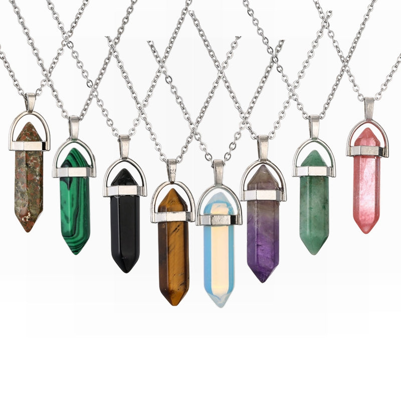 Ethnic Geometric Stainless Steel Natural Stone Crystal Pendant Necklace