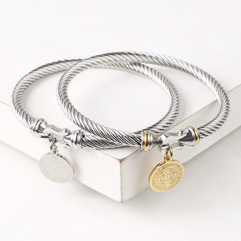 Ethnic Stainless Steel Charm Bangle with 18k Gold Plated Round Pendant