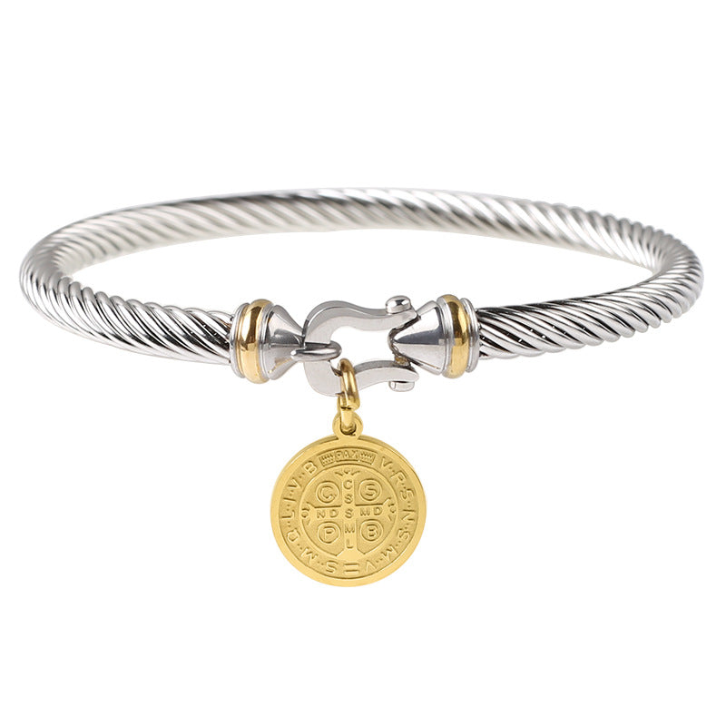 Ethnic Stainless Steel Charm Bangle with 18k Gold Plated Round Pendant