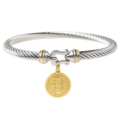 Ethnic Stainless Steel Charm Bangle with 18k Gold Plated Round Pendant