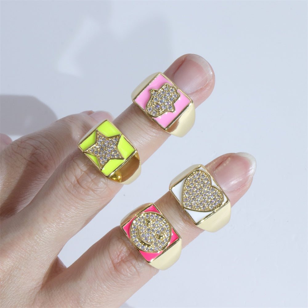 Ethnic Pentagram Heart Smiley Face Zircon Gold Plated Adjustable Open Ring