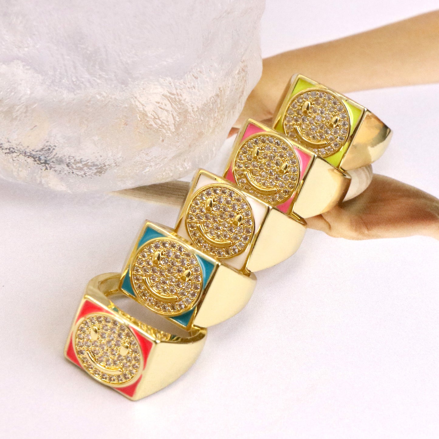 Ethnic Pentagram Heart Smiley Face Zircon Gold Plated Adjustable Open Ring